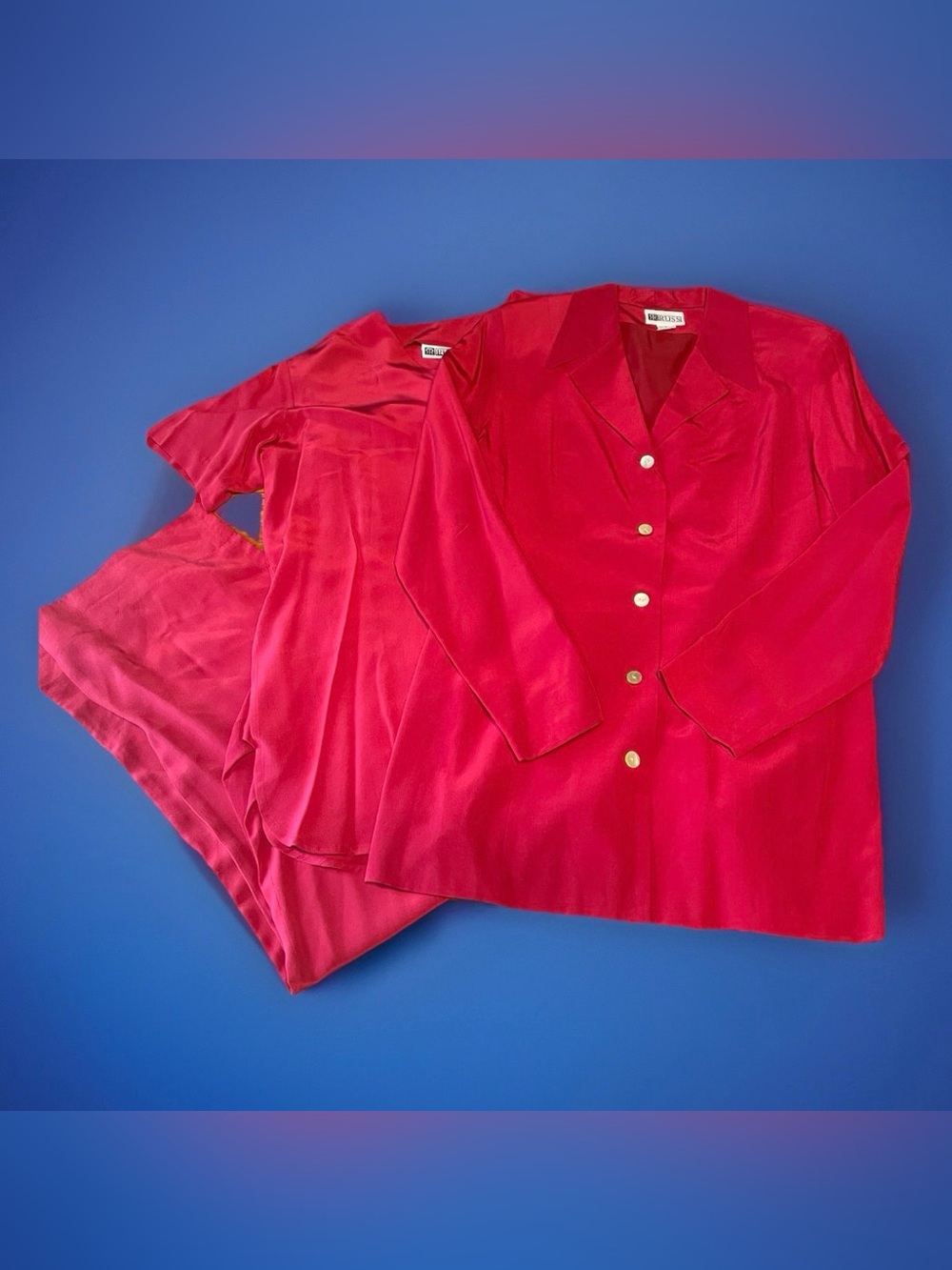 FLAWED Vtg RR RUSS 3-Pc 100% Silk Suit Red Blazer Blouse Pants Women's Size 8⁠